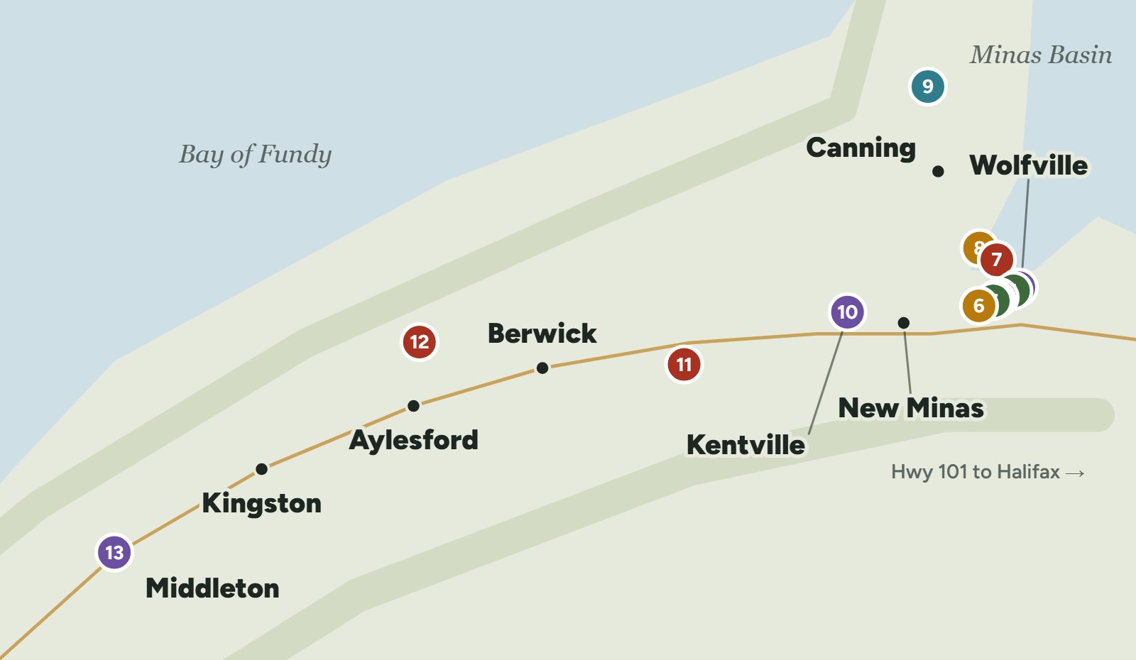 Map of Annapolis Valley fall spots from Middleton to Wolfville