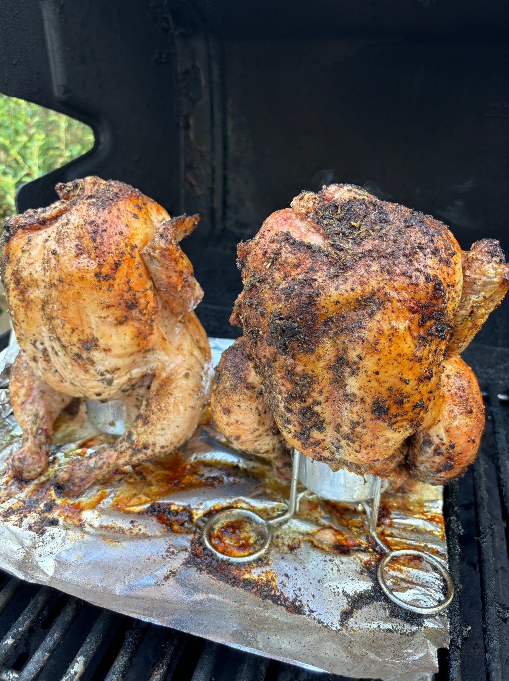 Two beer can chickens with a smoky spice rub standing upright on the barbecue grill